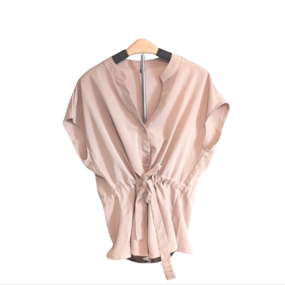 Neutral V-Neck Button Down Blouse | Dressy Casual Short Sleeve Top - Picture 5 of 10